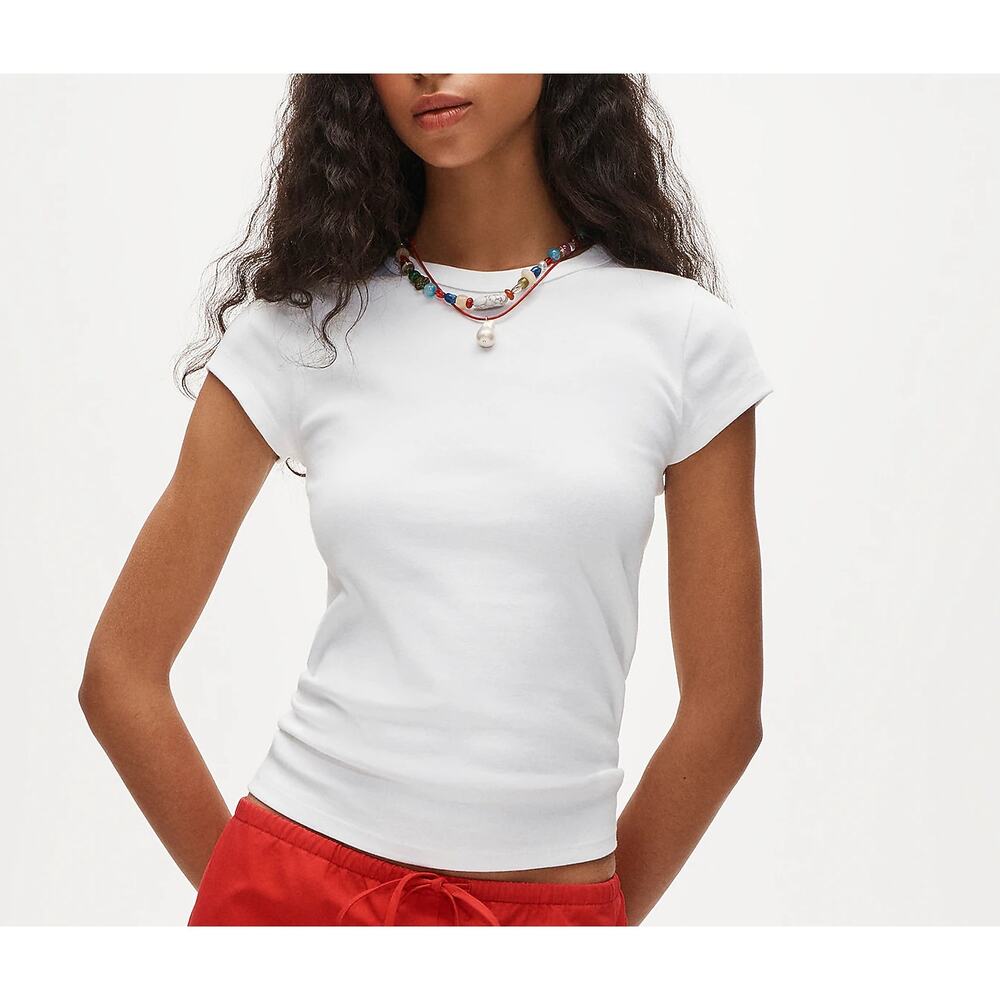 J.Crew Perfect Fit T-Shirt Crew Neck Mid Elbow Sleeve Women Size XS White Cotton